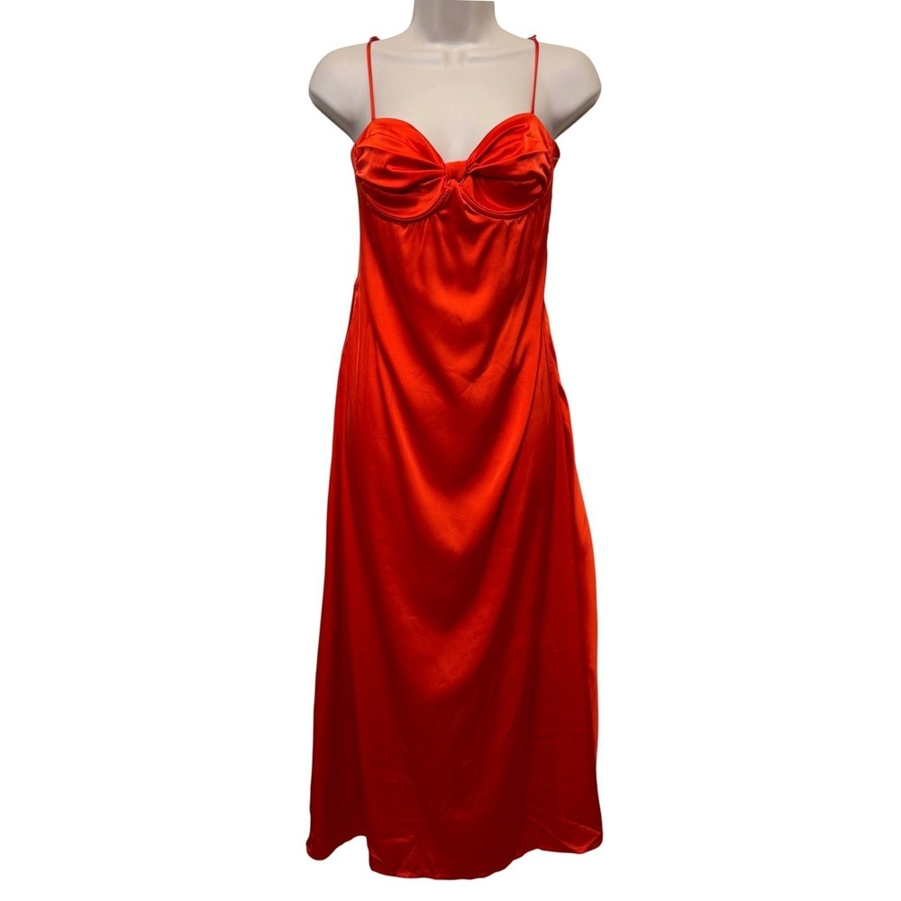 ASTR Maxi Dress L Orange Satin Bow Sweetheart Cocktail Smocked Summer Elegant